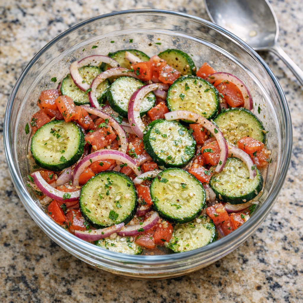 Fresh cucumber tomato onion salad in a glass bowl
