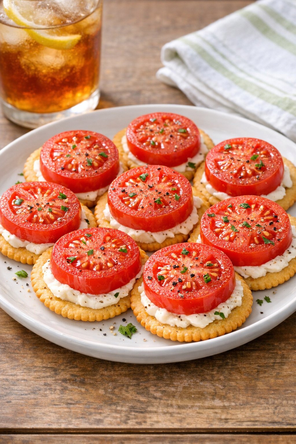 Finished southern tomato bites plated for serving