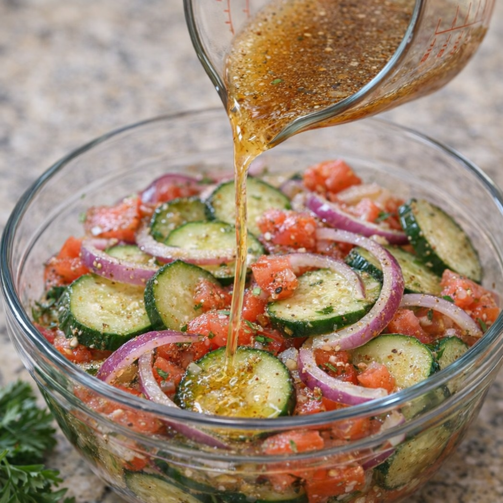 Marinade being poured over vegetable salad