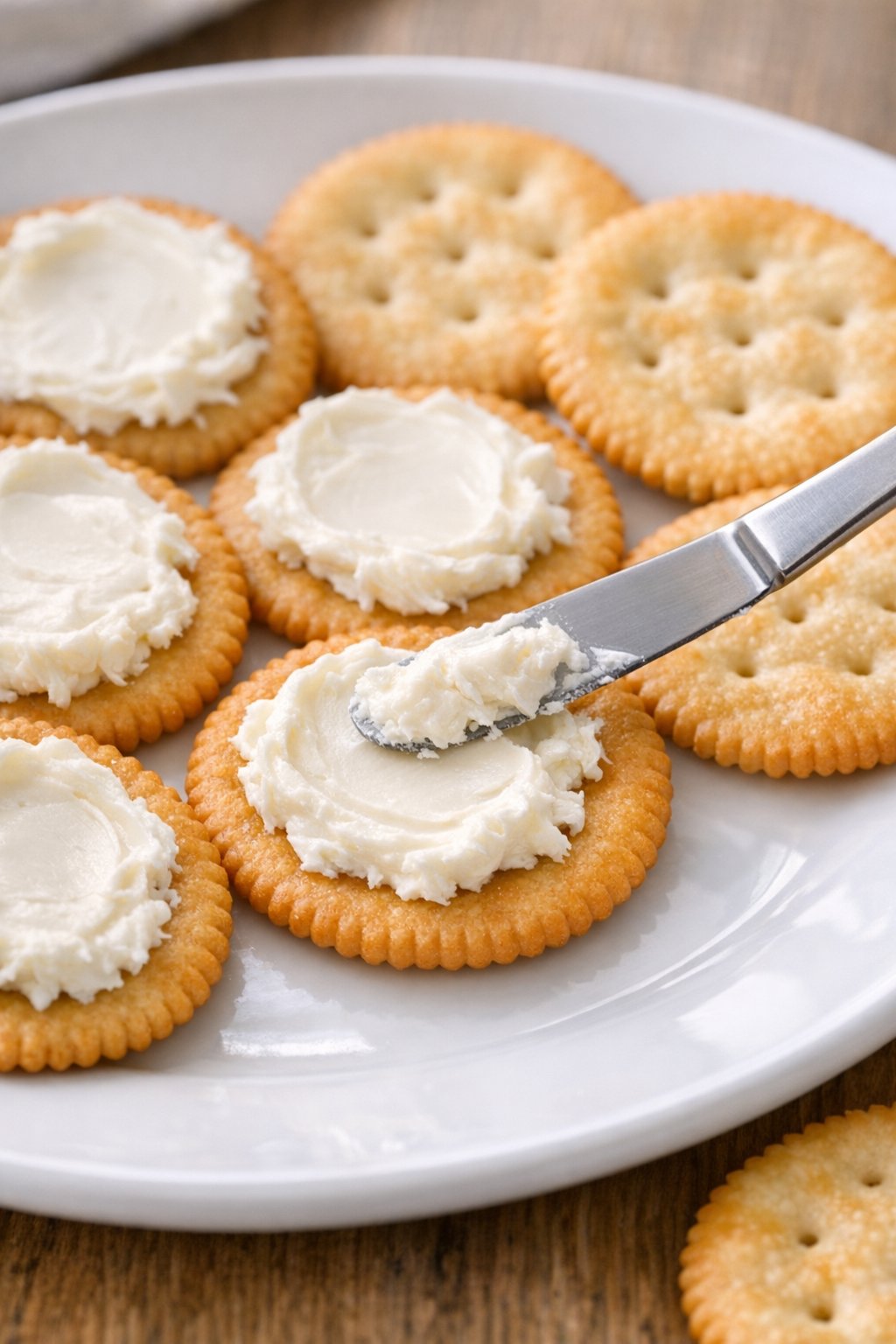 Cream cheese being spread onto round crackers