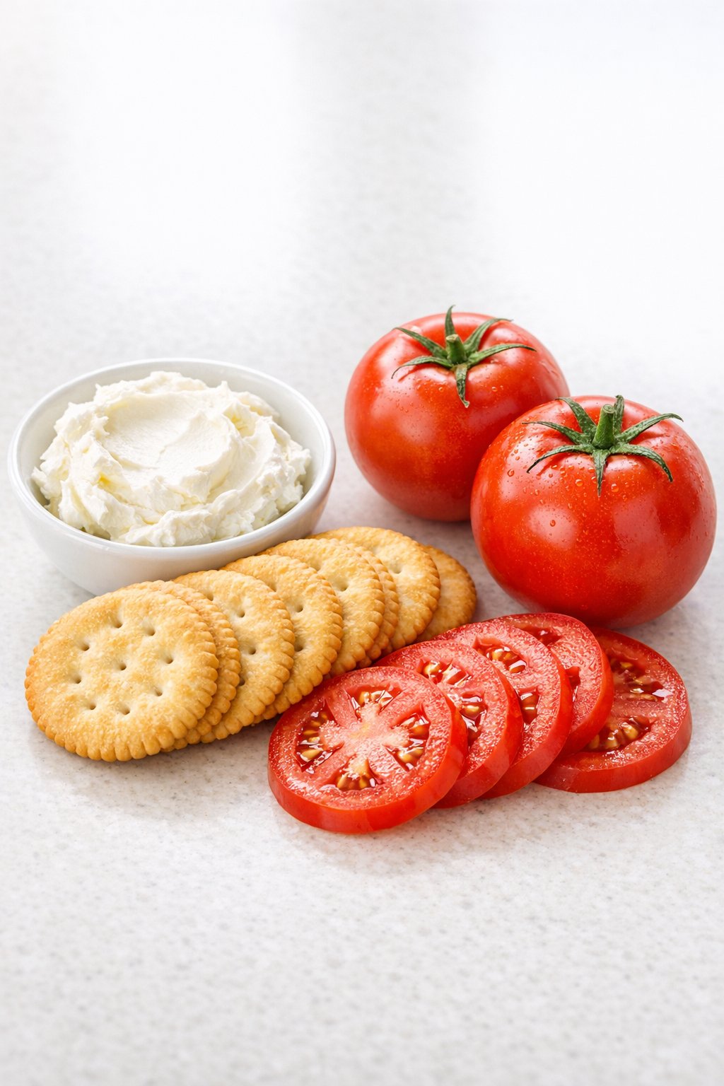 Crackers, cream cheese, and sliced fresh tomatoes
