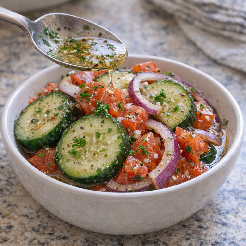 Finished salad portion with extra marinade spooned over