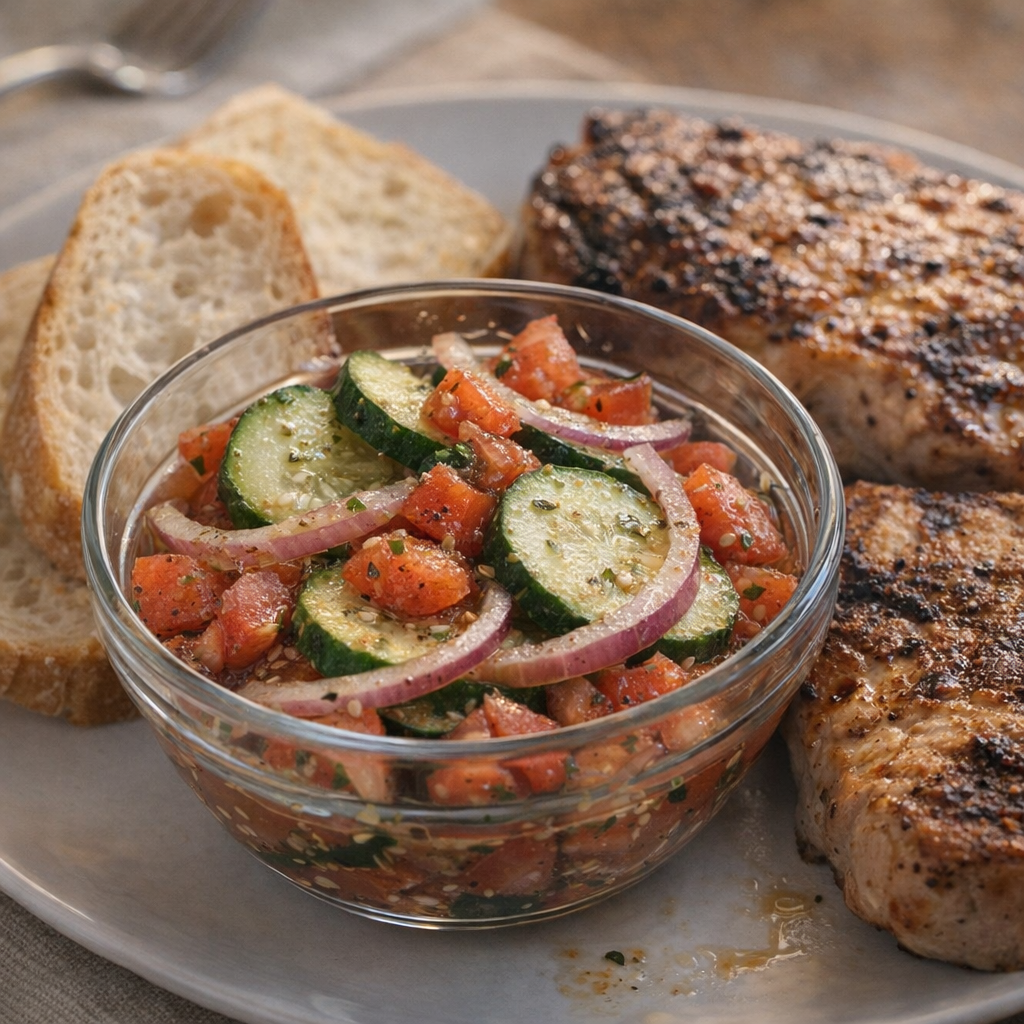 Salad served beside grilled meat and bread