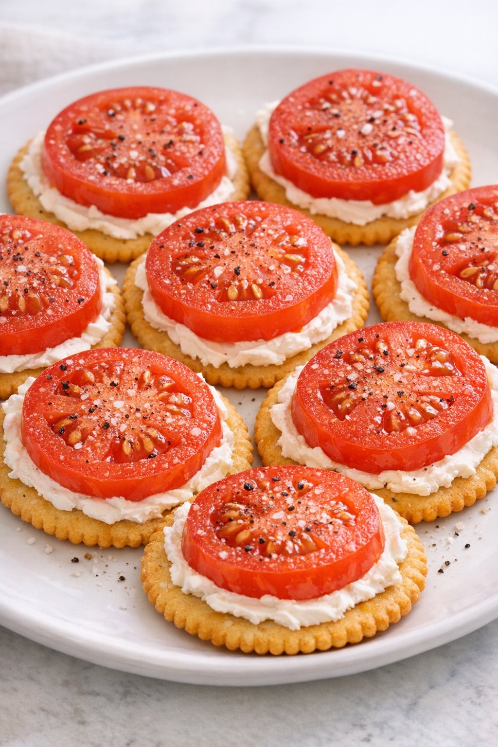Tomato slices placed over cream cheese on crackers