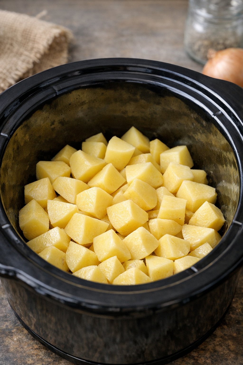 Chunked potatoes in the bottom of a slow cooker