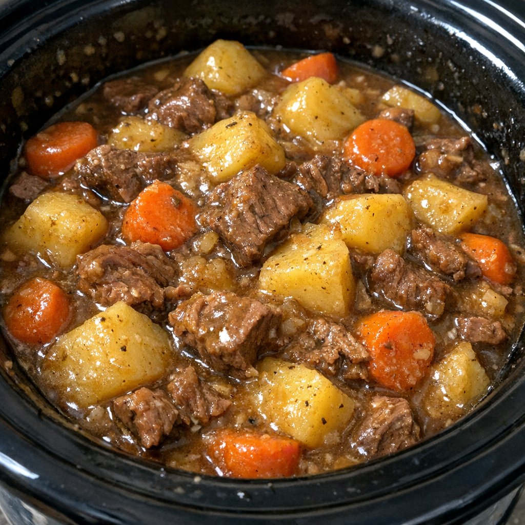 Slow cooker potato and canned beef stew in a black slow cooker