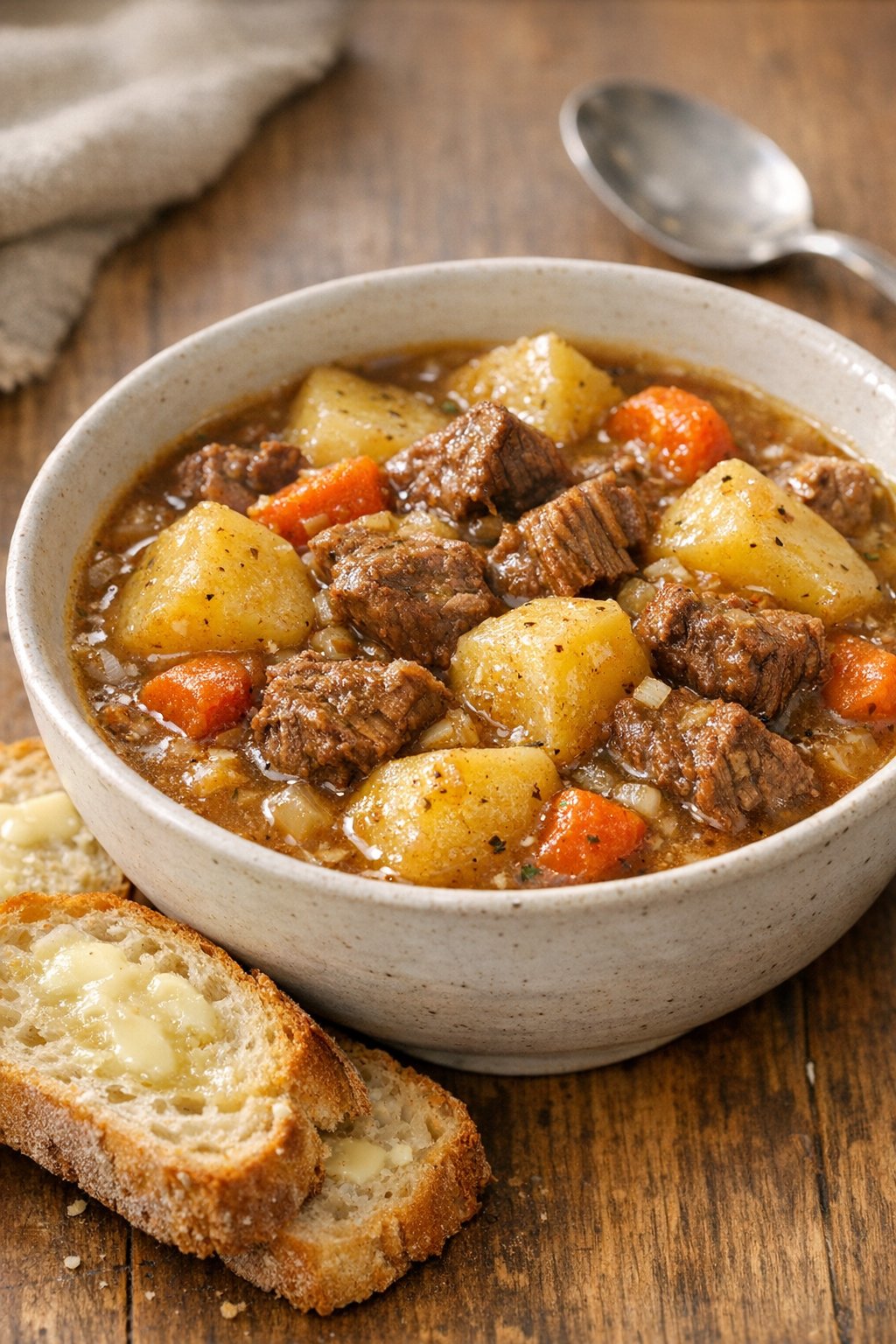 Final plated bowl of potato and canned beef stew with bread