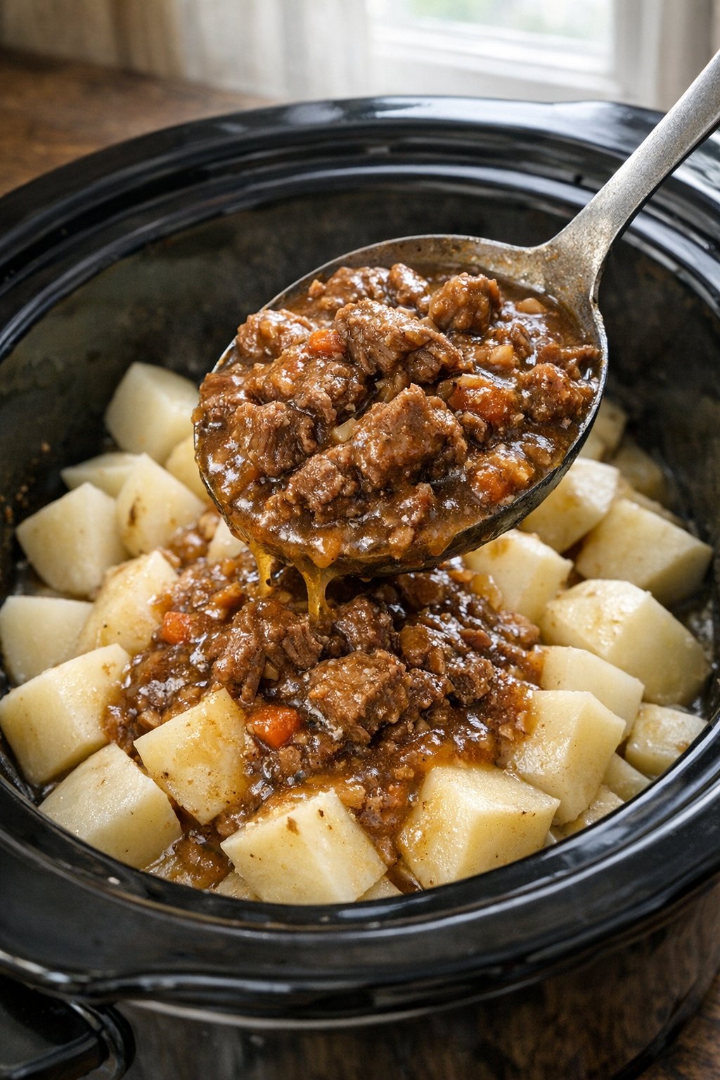 Canned beef added over potatoes in the slow cooker