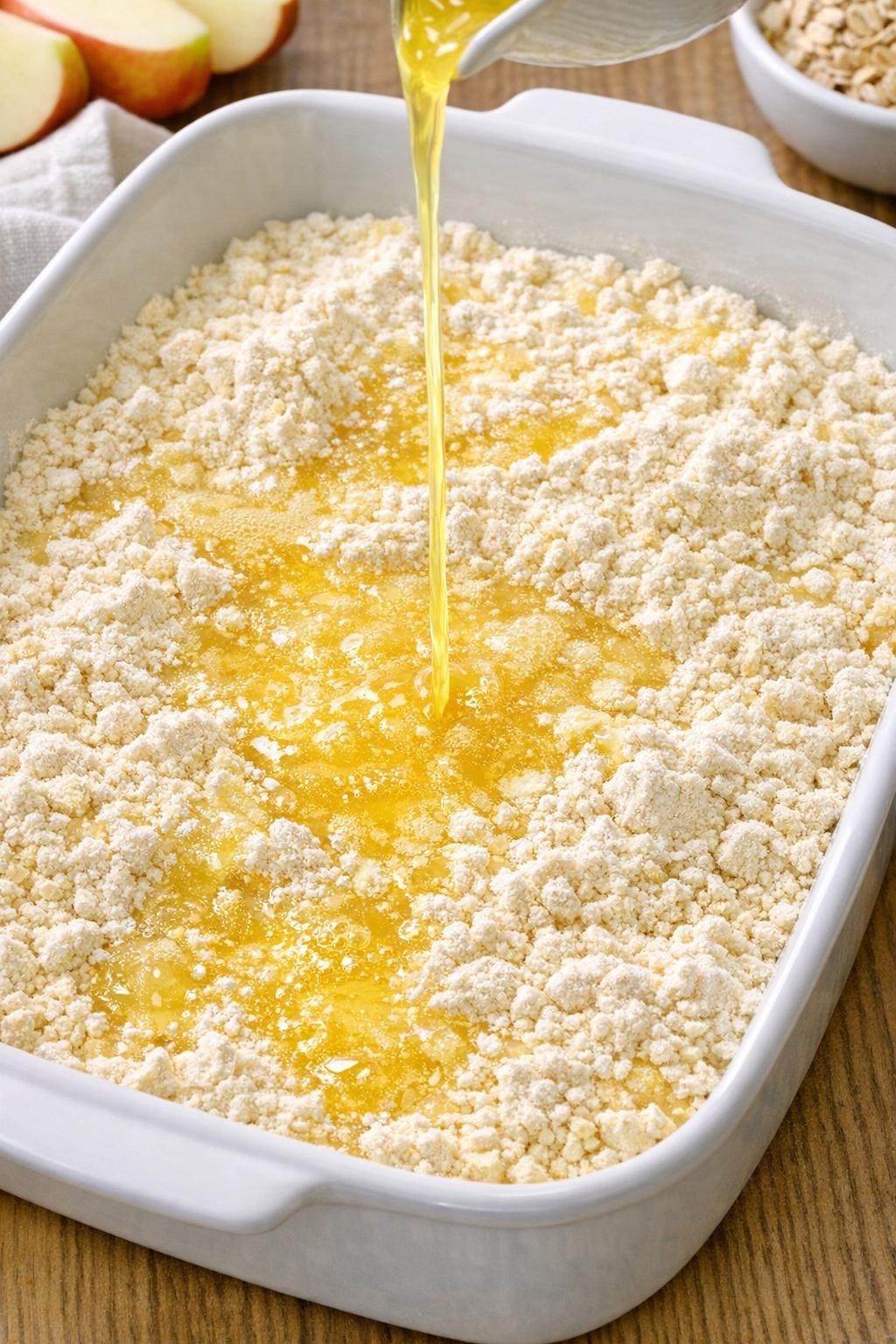 Melted butter drizzled over cake mix in casserole dish