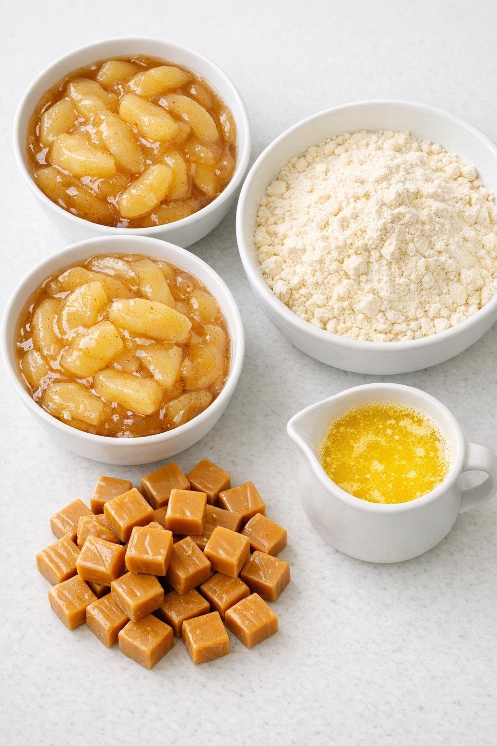 Apple pie filling, cake mix, melted butter, and caramel squares