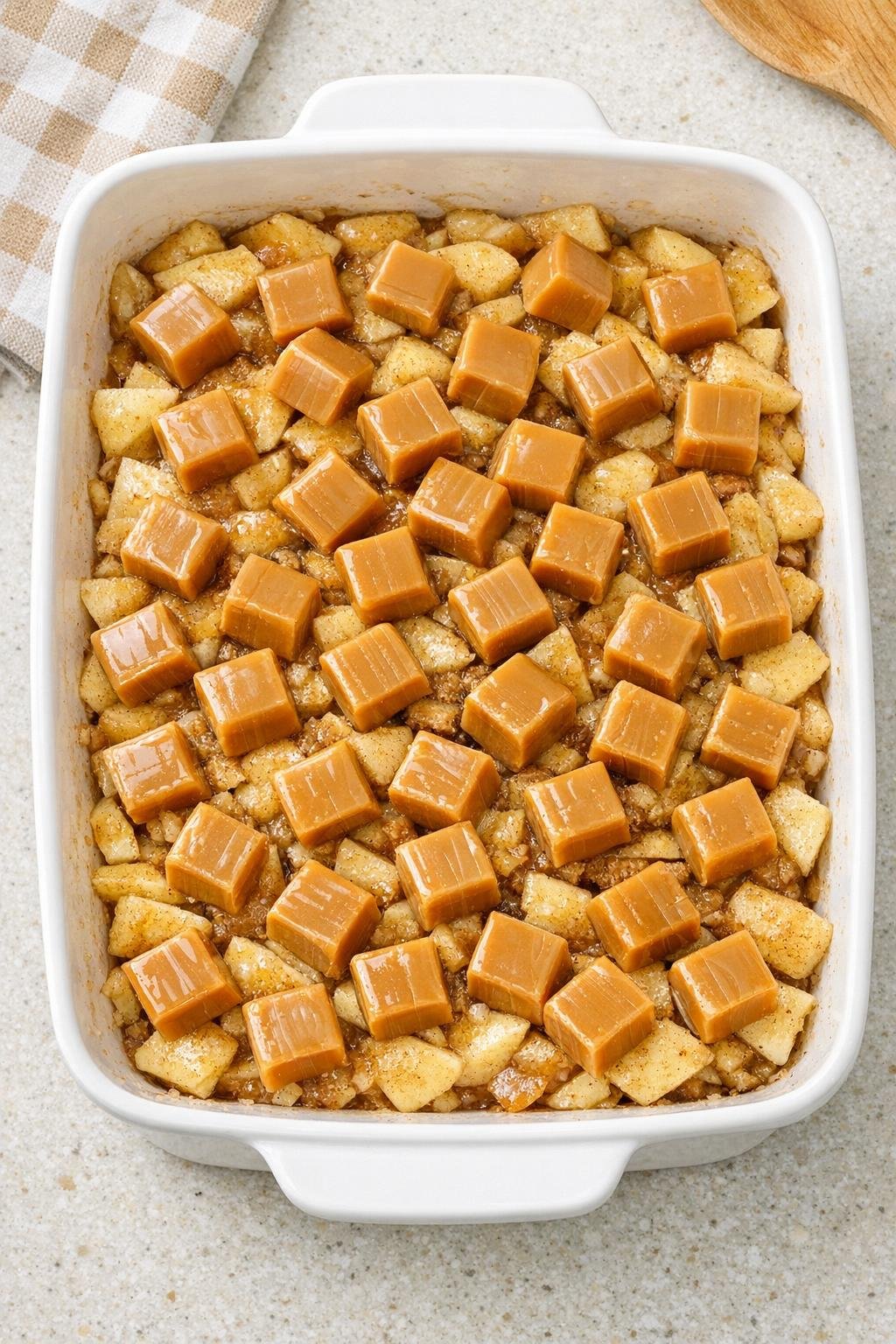 Caramel squares scattered over apple filling
