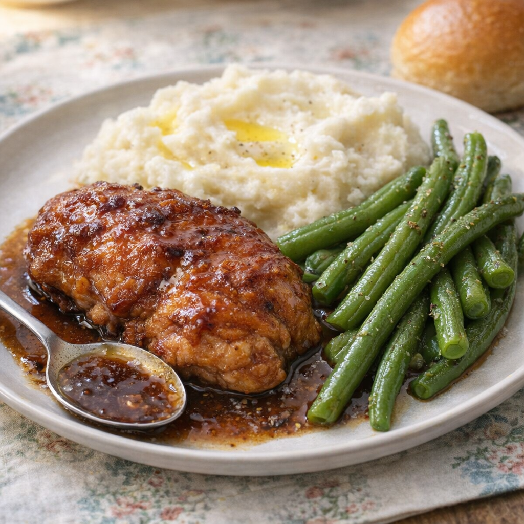 Plated church supper chicken with mashed potatoes and green beans