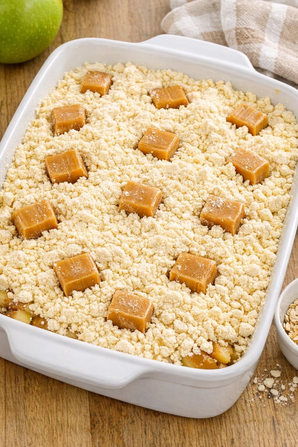 Dry cake mix layered over apples and caramel